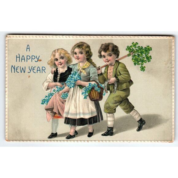 New Year Postcard Irish Children Shamrocks Clovers Flowers BW Series 311 Germany - Picture 1 of 2